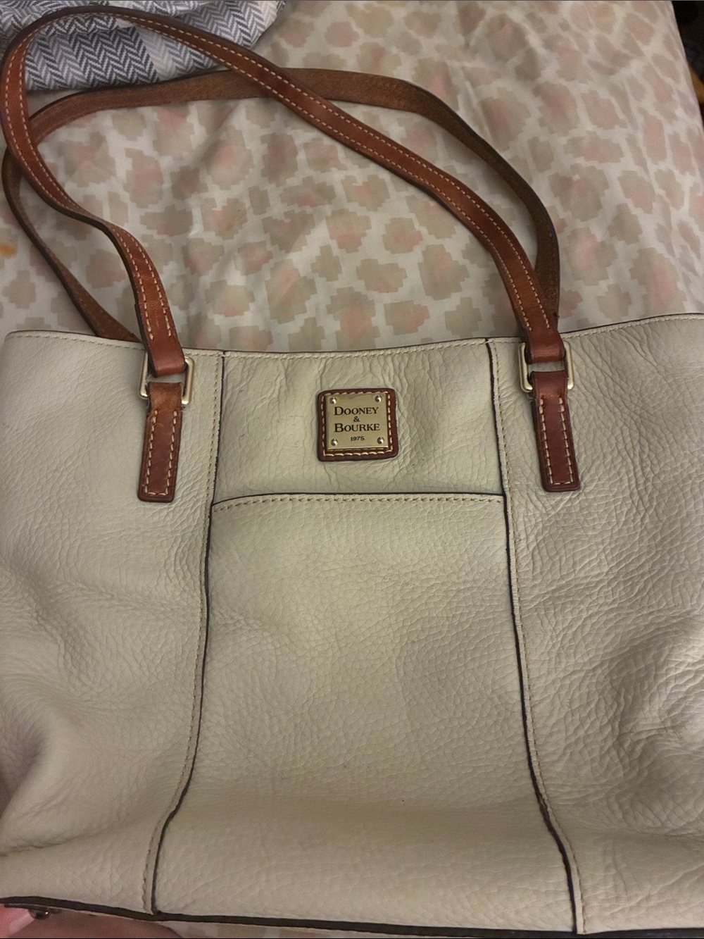 Dooney & Bourke Cream Leather Tote with Brown Straps and Logo Plaque